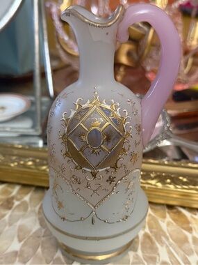 Antique Victorian Bristol 19th c. Pink Satin Glass Hand-Painted Ewer, 7”H